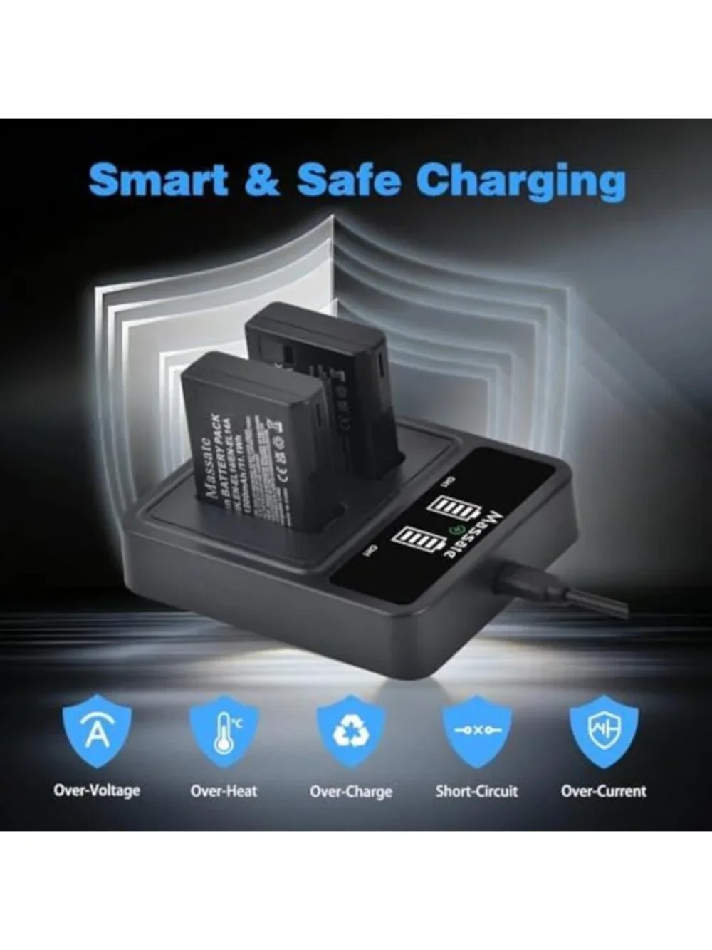 2-Pack 1500mAh Rechargeable Batteries & Dual-Slot LED Charger for Cameras